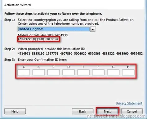 Activation Wizard scherm met optie voor telefonische activatie en installatie-ID